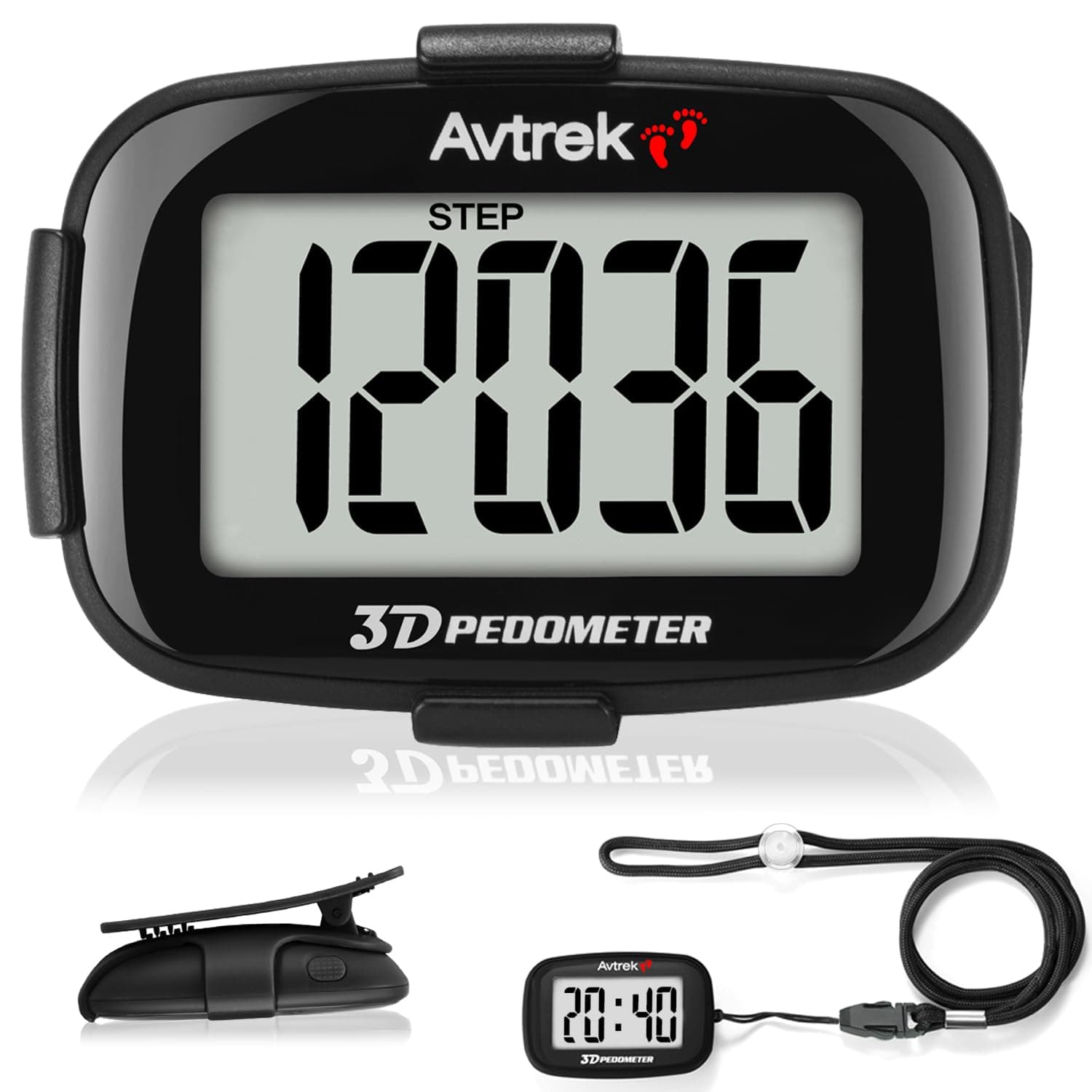 – AVTrek Step Counter with Clip and Lanyard, 3D Pedometer with Time Display and LED Backlight, Simple Step Counter for Walking and Running, Men, Women, Elder