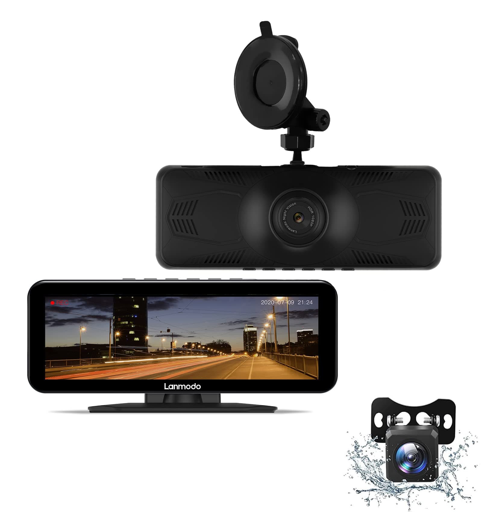 LANMODO Night Vision Dash Cam with IP67 Rear Camera