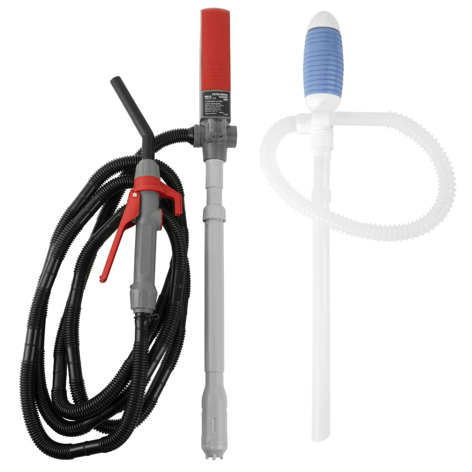 Transfer Pump Bundle, TREP01-TXL, Hand Fuel Pump, Telescopic Battery Operated w/Flow Control, 10ft Discharge Hose, 2.4 GPM & TRDP15 Fuel Siphon Pump for Oil Diesel Kerosene Gas Transfer