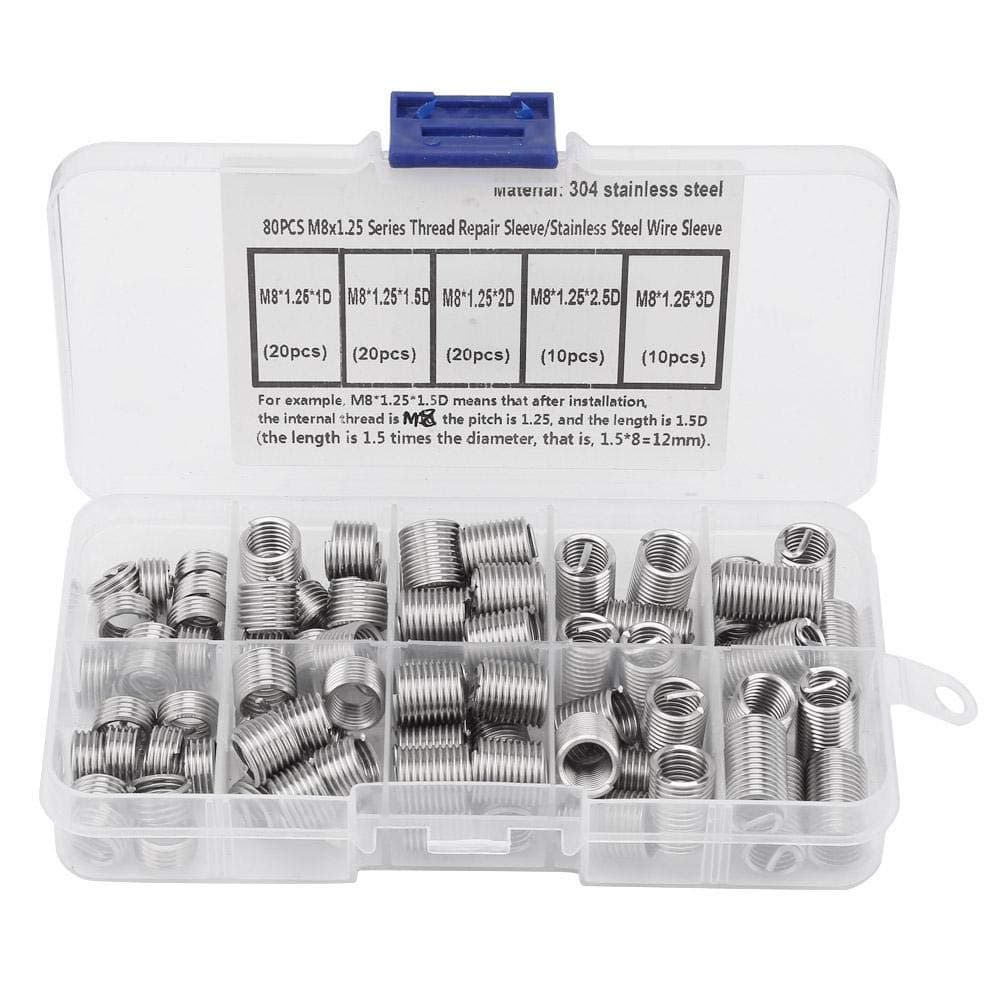 80Pcs M8x1.25 Threaded Inserts Stainless Steel Spiral Helical Thread Insertion Kit