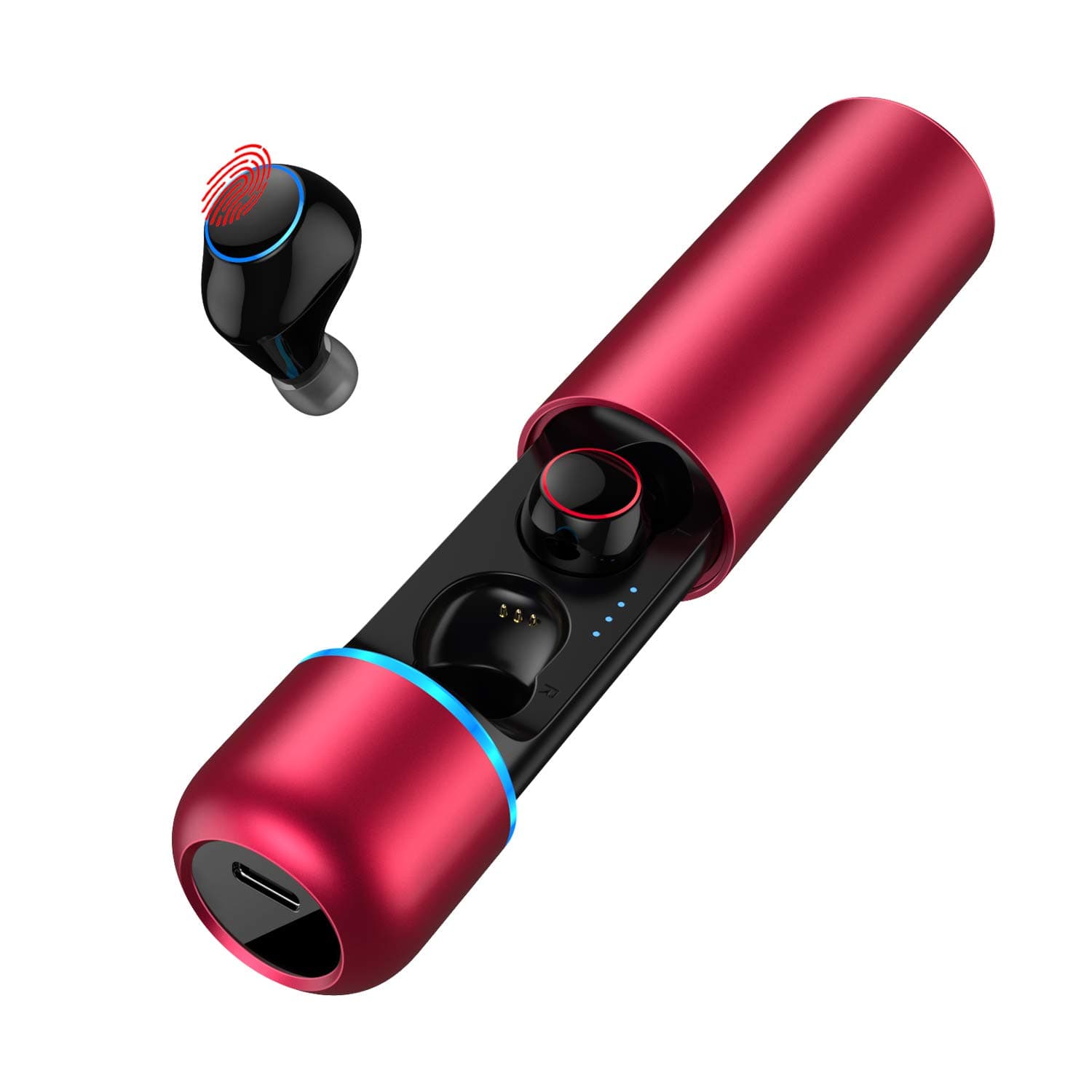 Bluetooth 5.0 Earbuds, True Wireless Earbuds with Microphone, IPX7 Waterproof for Swimming Cordless Headphones, Touch Button, Automatic Pairing, Stereo Headset, LED Power Display (red)