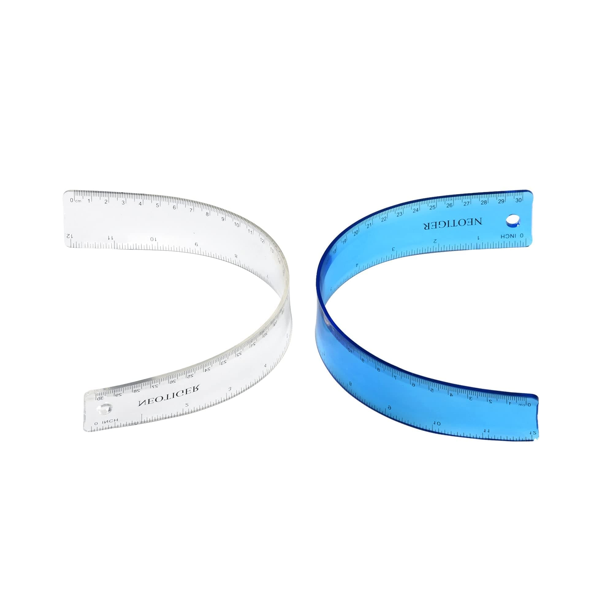 Flexible Shatterproof Bendable Unbreakable Safe Soft Transparent Clear Plastic Straight Flat Ruler, 30 cm/12 inch. Set of 2, Clear and Blue, for Home, School, Office, for Kids and Adults