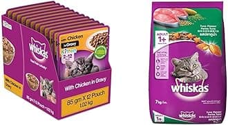 Whiskas Kitten (2-12 Months) Wet Cat Food, Chicken in Gravy, 12 Pouches (12 X 85G) & Adult (+1 Year) Dry Cat Food, Tuna Flavour, 7Kg Pack