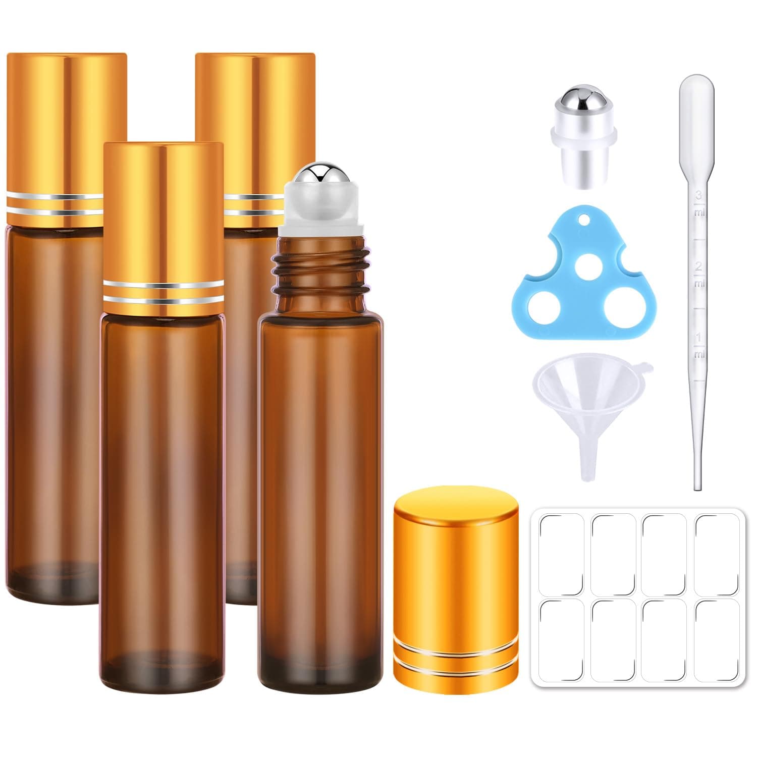 4 Pack, Essential Oil Roller Bottles, Amber Glass Roller Balls for Essential Oils, 10ml Empty Rollerball Bottles for Travel Refillable Roll on Perfume Bottles with Caps