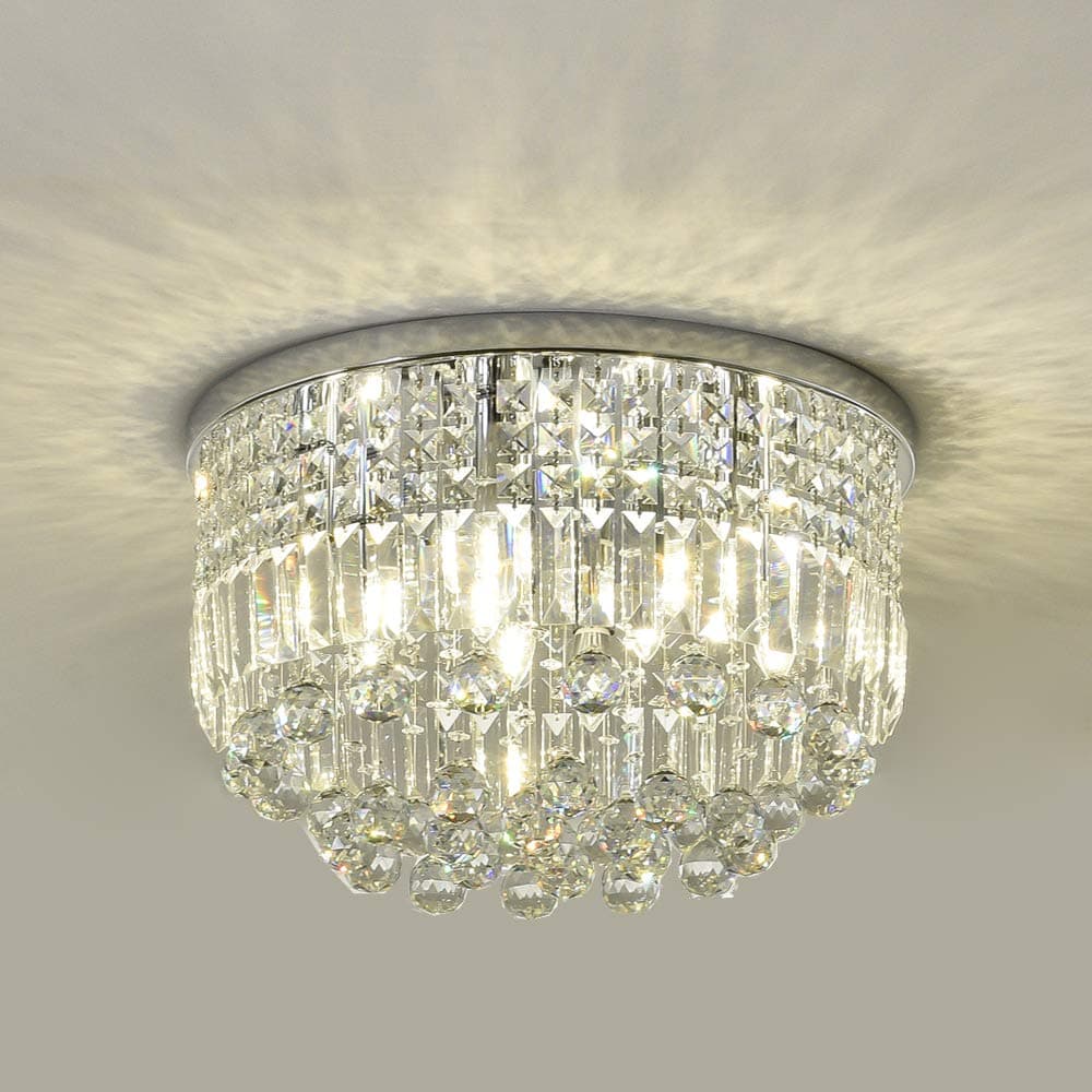 SEFINN FOUR Flush Mount Ceiling Light Fixture for Bedroom, 20-in Wide Dimmable Crystal Chandelier, Chrome Finish, Video Availablle for Easy Installation