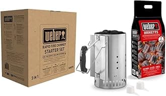 Weber Rapidfire Chimney Starter Set for Charcoal Barbecues / 3-Piece BBQ Accessory Set, Includes Rapidfire Chimney Starter, 2 kg Charcoal Briquettes & 2 Lighter Cubes