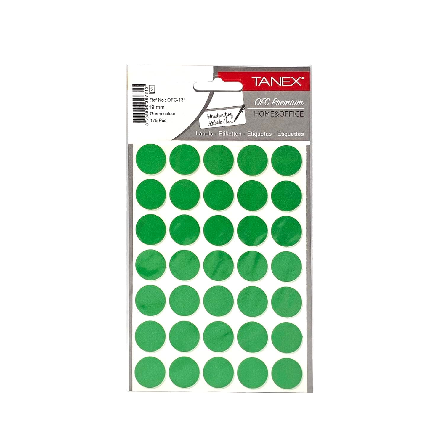 Tanex Round Self-Adhesive 35 Labels x 5 Sheets, 19 mm Diameter, Green