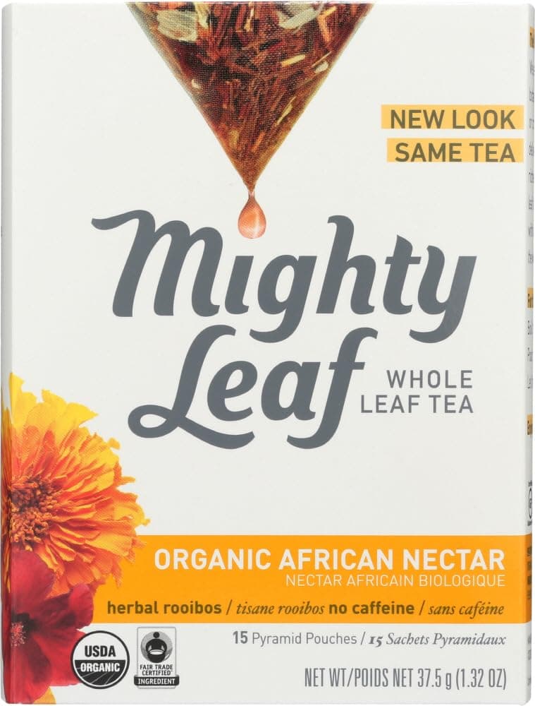 Mighty Leaf Organic African Nectar Rooibos Herbal Tea – 45 Count (3 Packs of 15 Silken Tea Bags) – Fruity & Floral Caffeine-Free Blend – Premium Whole Leaf Herbal Tea for Hot or Iced Brewing