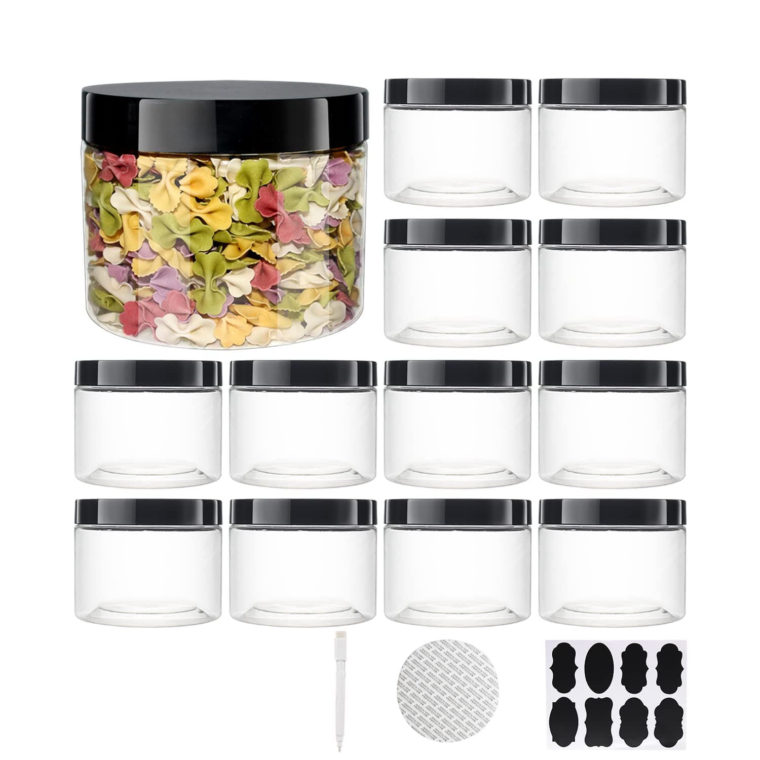 YBCPACK 12 Pack 16oz(500ml) Plastic Jars With Lids, Clear Plastic Storage Jars for Food Storage, Craft Storage, Pantry Storage jars For Dry Food, Snack, Peanut, Powder, Spice