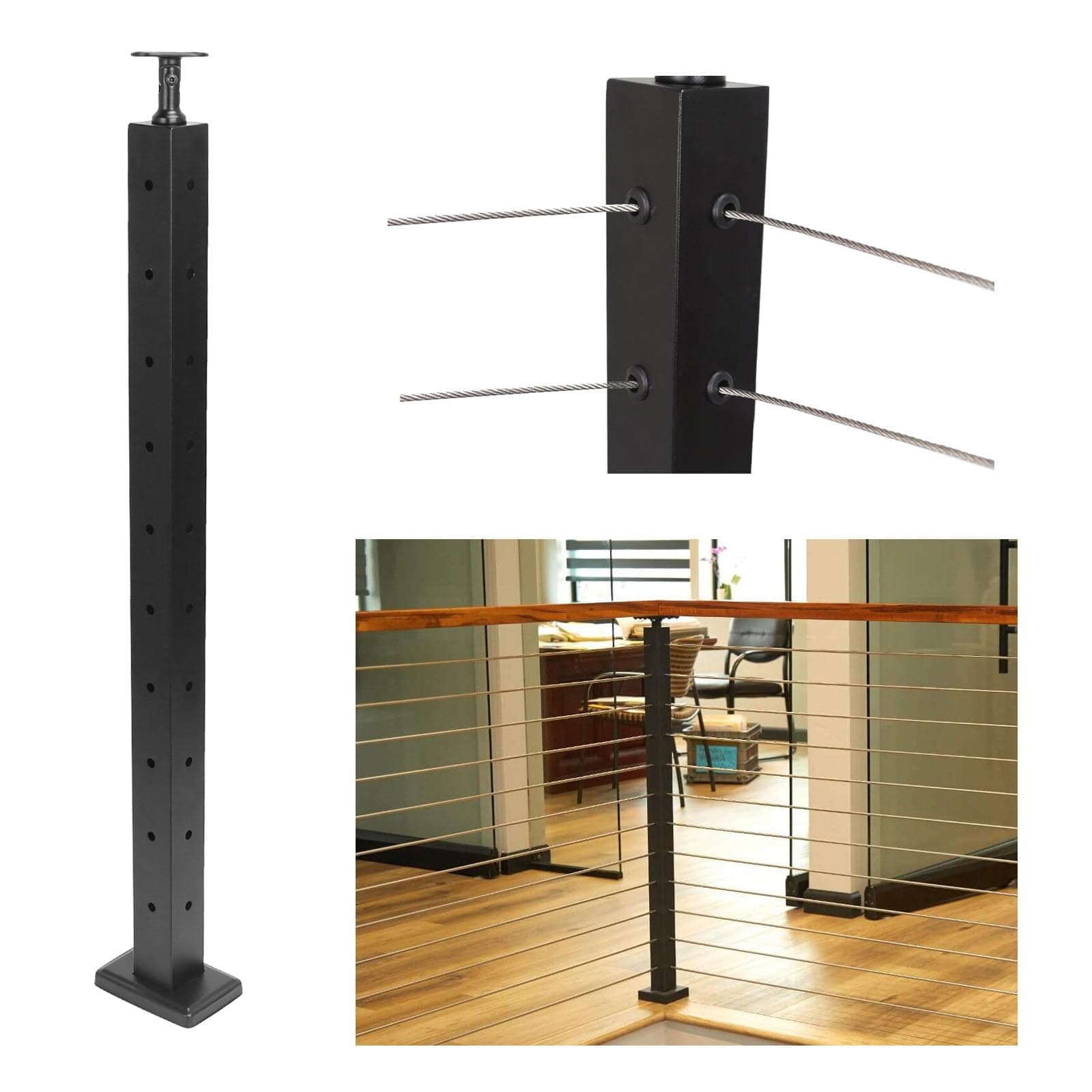 36" Corner Post L-Drilled Cable Railing Post Stainless Steel Adjustable Line Post Black Stair Railing System kit,P02-Matte Black Finish