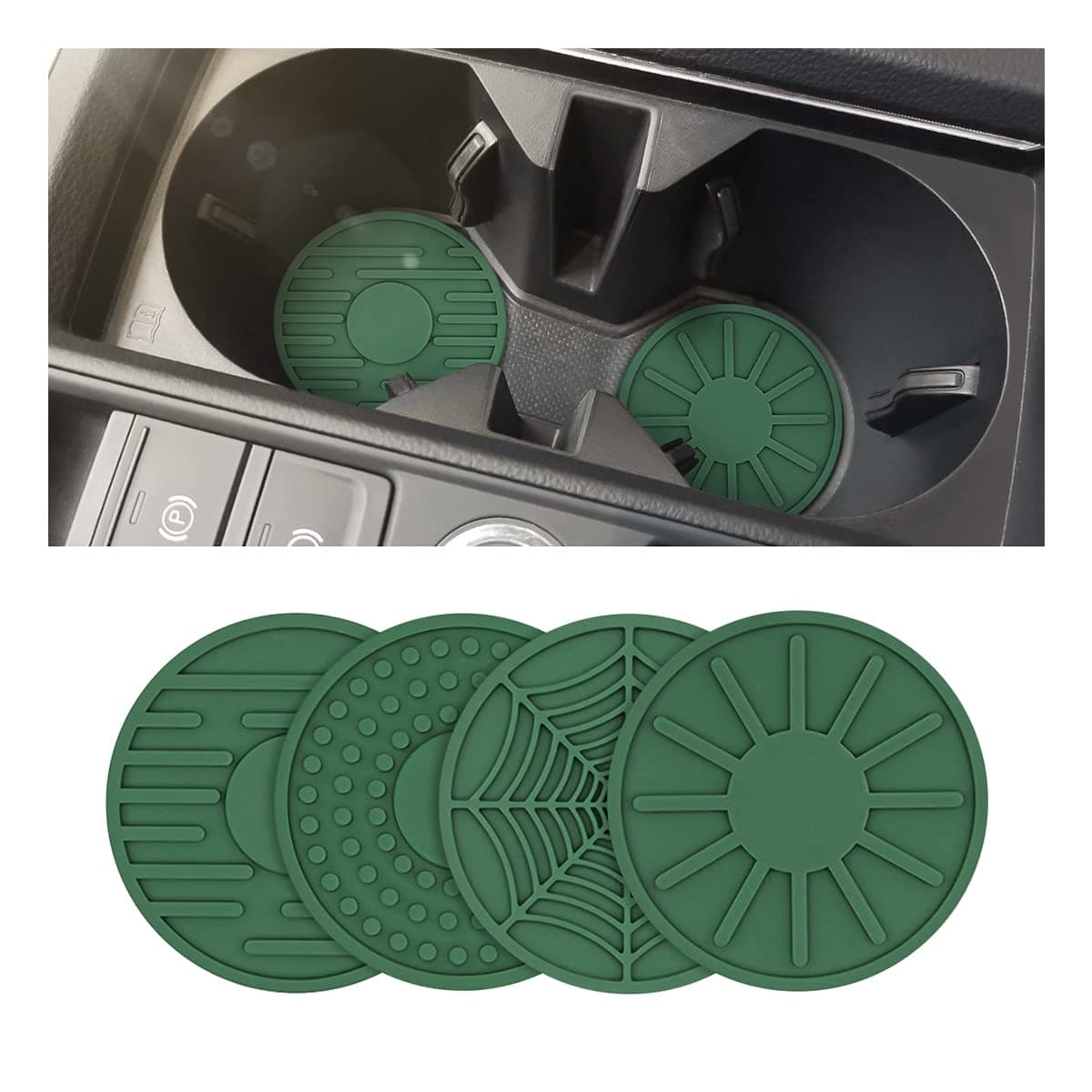 4 Pack Car Coasters for Cup Holder, 2.68 Inch Anti-Slip Silicone Auto Insert Cup Coaster, Non-Slip Vehicle Cup Mats for Women and Men, Interior Accessories Universal for Most Cars, SUV (Green)