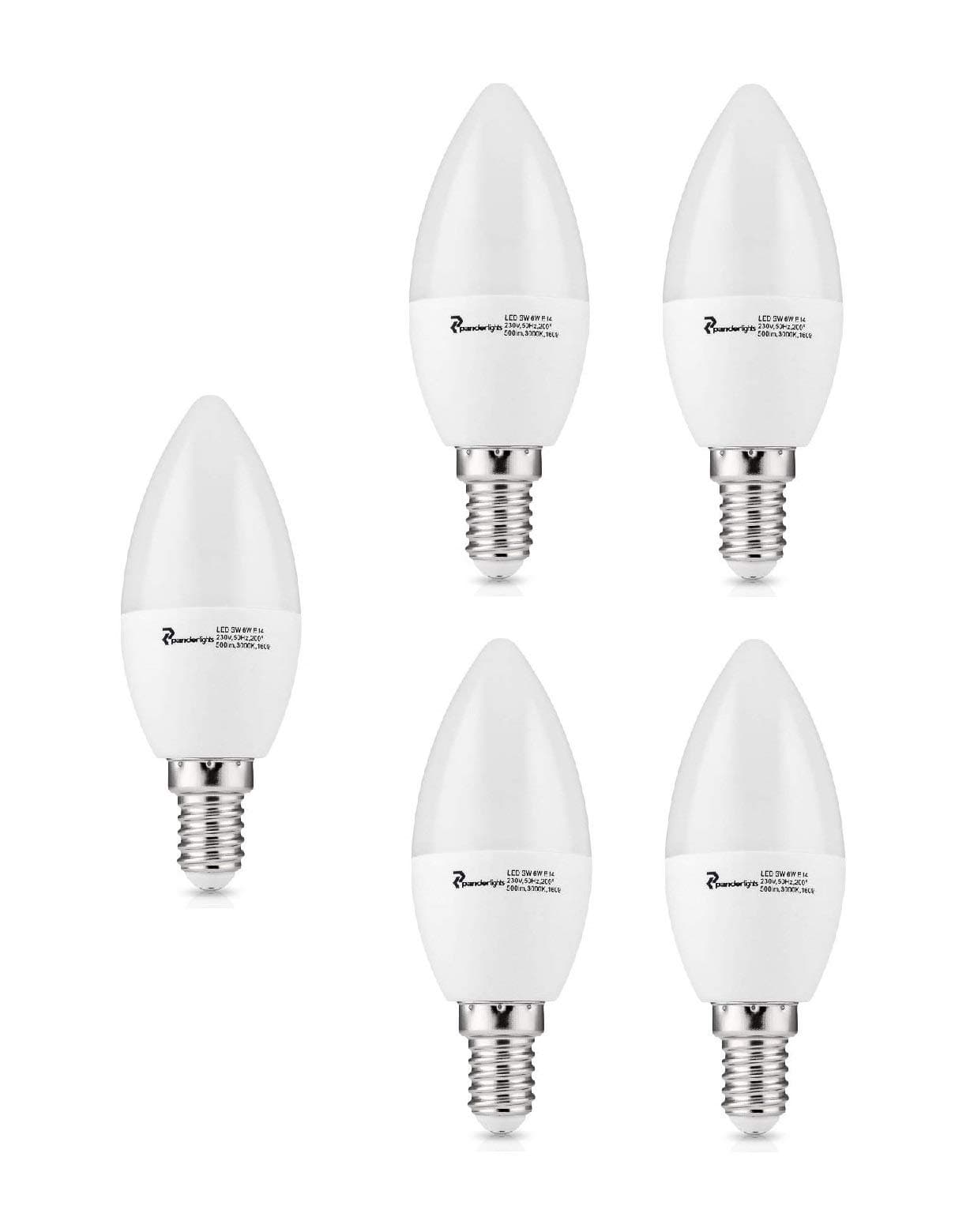 PanderLights: pack of 5, socket: E14, 6 W, LED lamps, 500 lumens (replaces approx. 50W), warm white, SMD LED light bulbs, dispersion-angle 150° [Energy Class A+]
