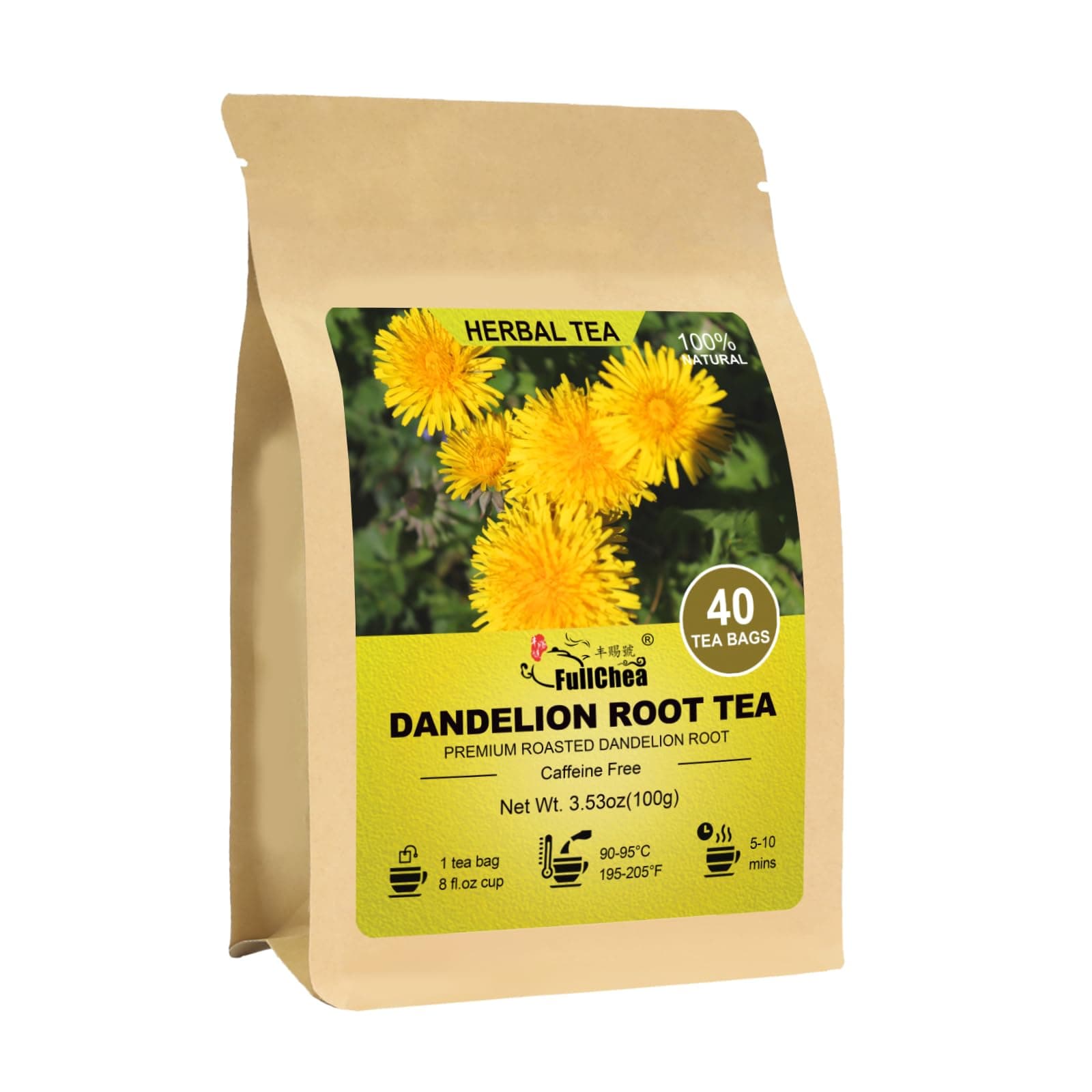 Dandelion Root Tea Bags, 40 Teabags, 2.5g/bag - Premium Roasted Dandelion Root - Non-GMO - Caffeine-free - Detox Herbal Tea - Helps Improve Digestion & Immune System
