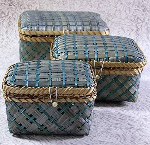 Decorative Bamboo Storage Boxes with Lids - Multi Purpose Natural Woven Baskets for Everyday Use - Nested Set of 3 Including Large, Medium and Small Size (Square Shaped - Green Colour)
