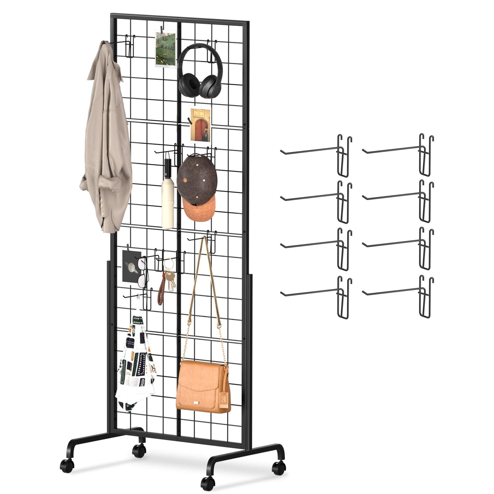 Urban Deco Gridwall Panel Display Stand - Craft Show Display Rack with Extra 8 Hooks, 2' x 5.5' Ft Black Metal Grids Standing Wire Rack for Retail Art Fair - 1 Set