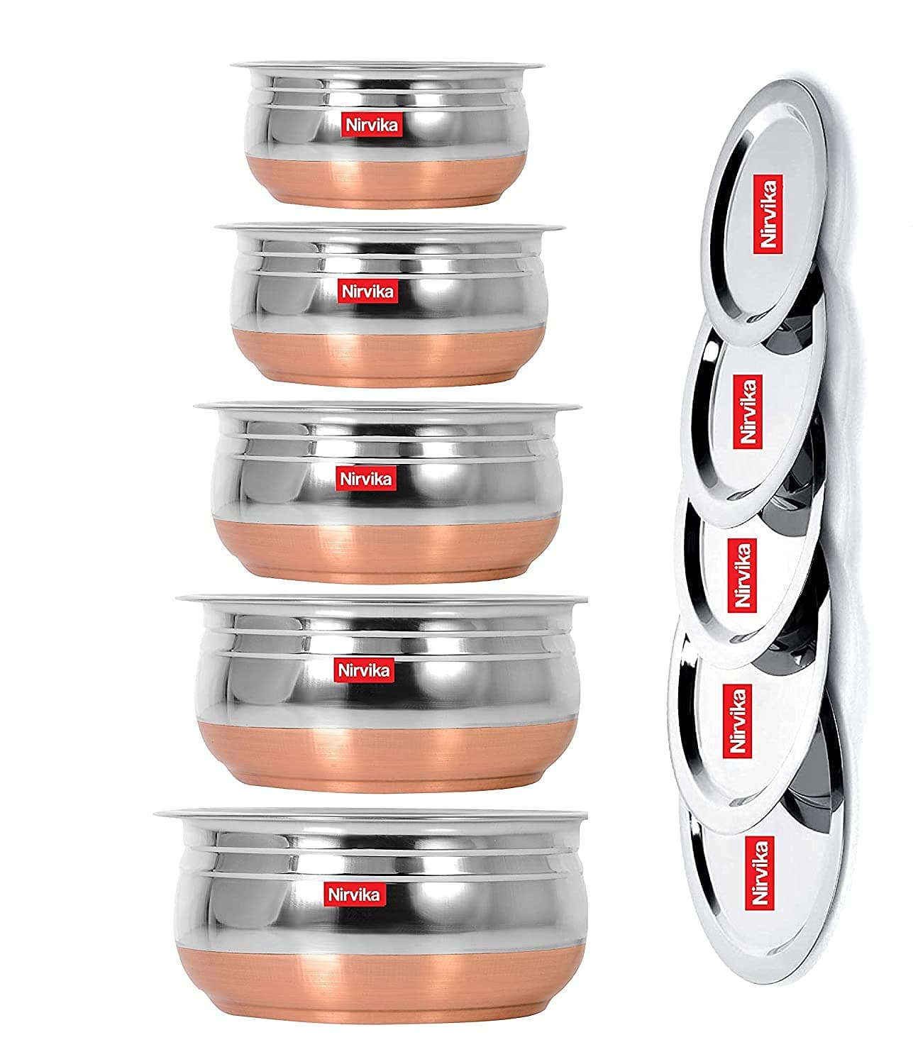 Steel Handi Set 5Pc Pcs Piece Mirror Satin Copper Bottom Milk Pot Pan/Biryani Tope/Punjabi Pateli/Tapeli/Cookware Set Of 5 Pieces Size: 1.500 L,1.200 L,1.000 L,0.800 L,0.500 L (Urli),1500Ml