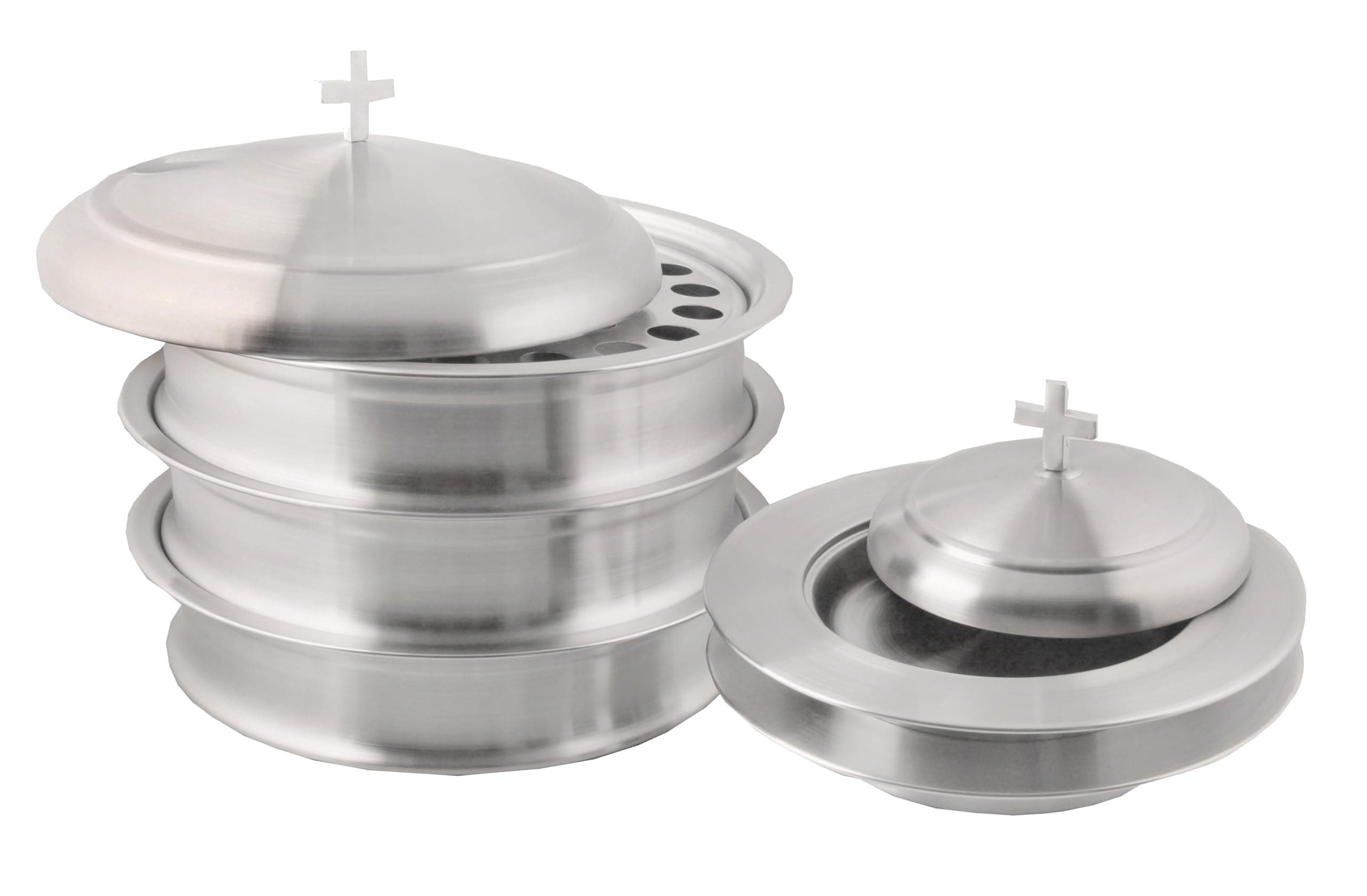 Communion Ware 3 Holy Wine Serving Trays with A Lid & 2 Stacking Bread Plates with A Lid - Stainless Steel (Matte)