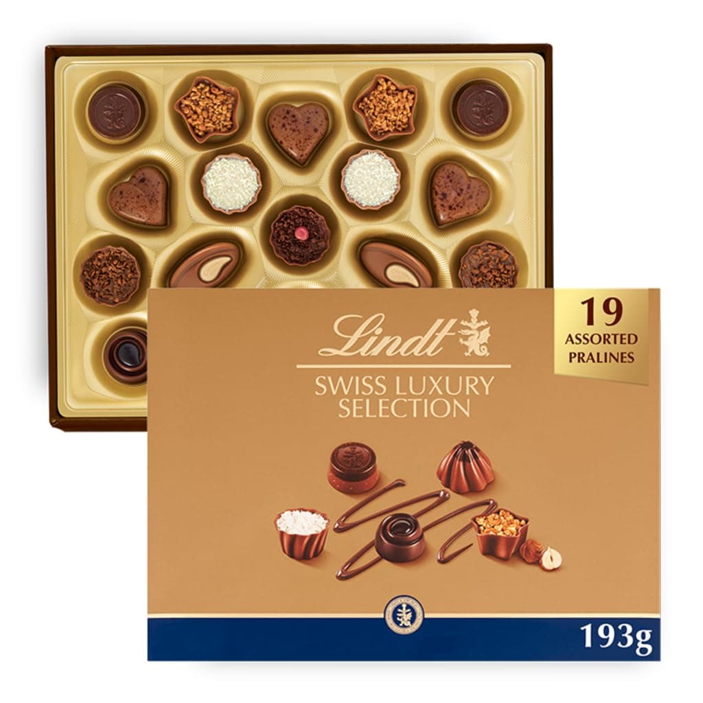 Lindt Swiss Luxury Selection – 193g Medium Gift Box – 19 Assorted Milk, Dark & White Chocolates – Gift for Him & Her