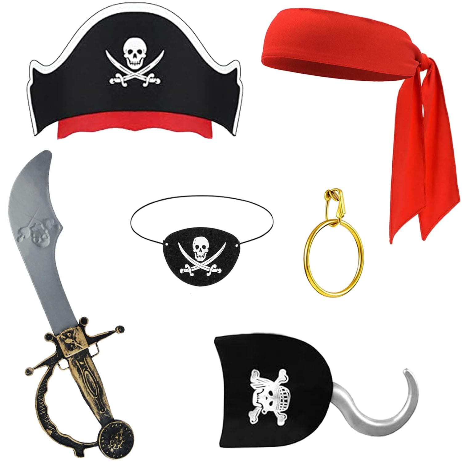 FUEAWIM 6 Pcs Pirate Accessories Include Pirate Headband Hat Eye Patch Hook Costume Accessories Halloween Priate Party Supplies
