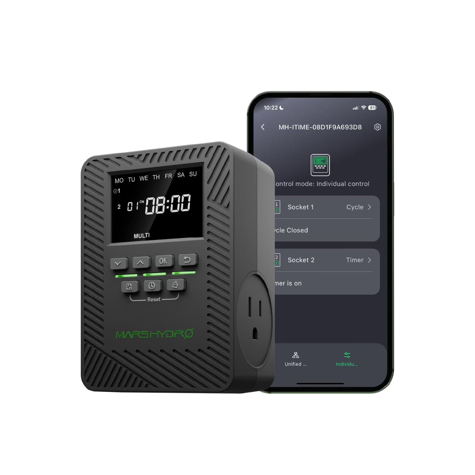 2025 MARS Hydro ITime 2-in-1 Smart Timer Outlet Dual Outlet App Control Custom Programmable 12 On/Off for Home Office and Plant Growth Use