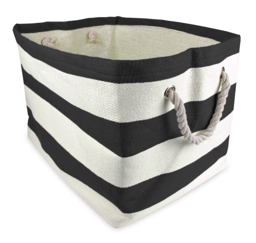 DII Durable Woven Striped Storage Bin Collapsible with Soft Rope Handles Reinforced with Metal Grommets, Large, 17x12x12, Black