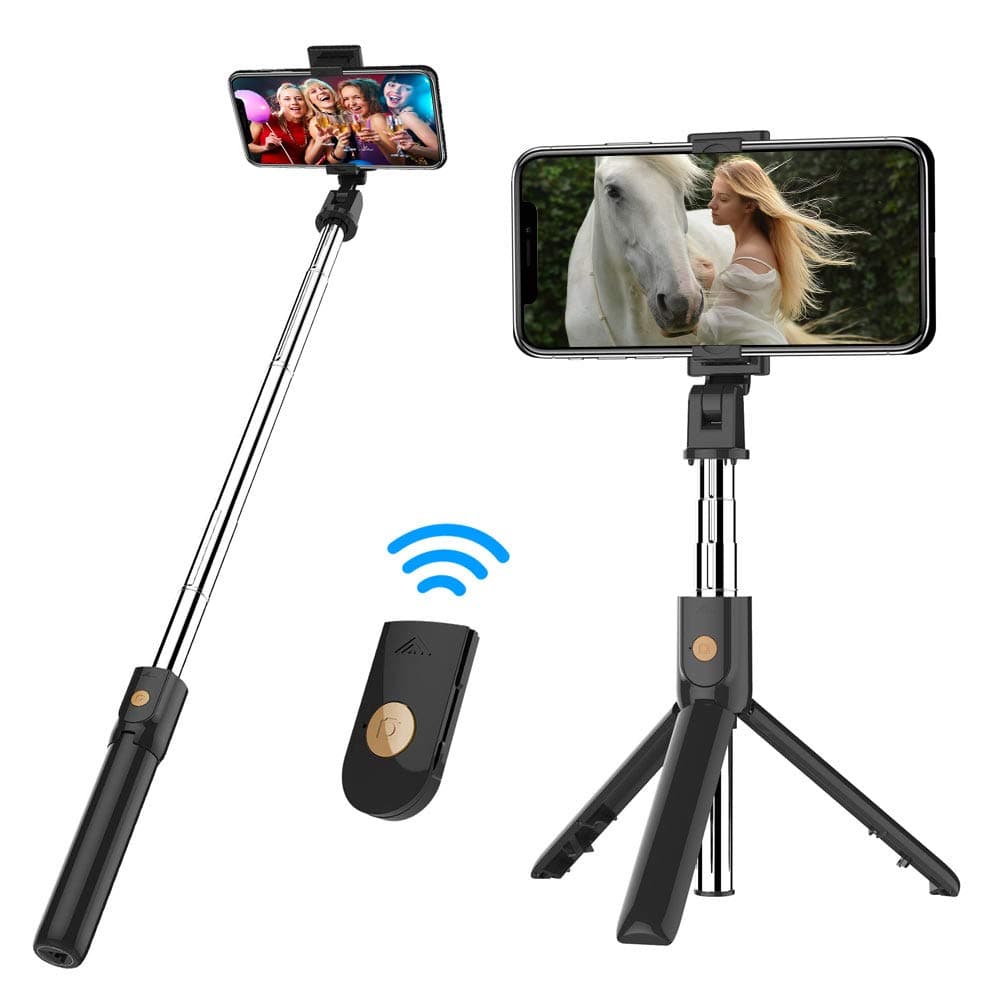 Selfie Stick Tripod with Bluetooth Remote | All-in-One | Take Stable Pictures | Travel Size, Fun Gift, Great Pictures | Batteries Included | by Travelle (Black)