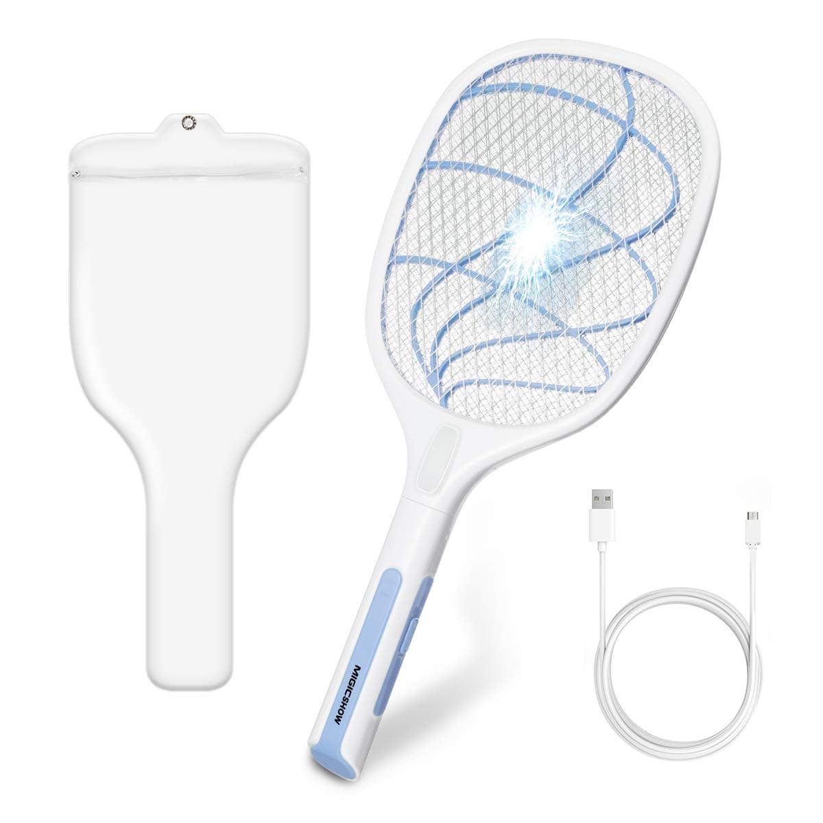 MIGICSHOW Electric Fly Swatter, Bug Zapper Fly Zapper Racket 75cm USB Rechargeable Mosquito Swatter/Killer 3000 Volt/Ultra-Bright LED Pests Repellent With Dirtproof Bag Indoor Outdoor