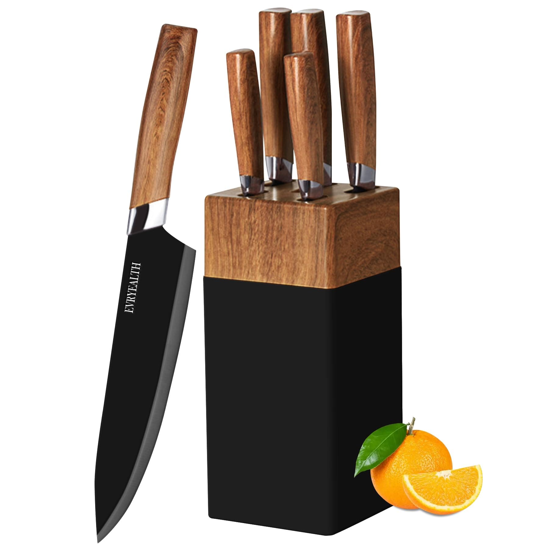 Kitchen Knife Set - 5 Piece Knife Set with Block, Wood Grain Handle, Stainless Steel Knivese with Chef, Bread, Slicer, Paring Knife for Cutting Meat/Vegetables/Fruit.