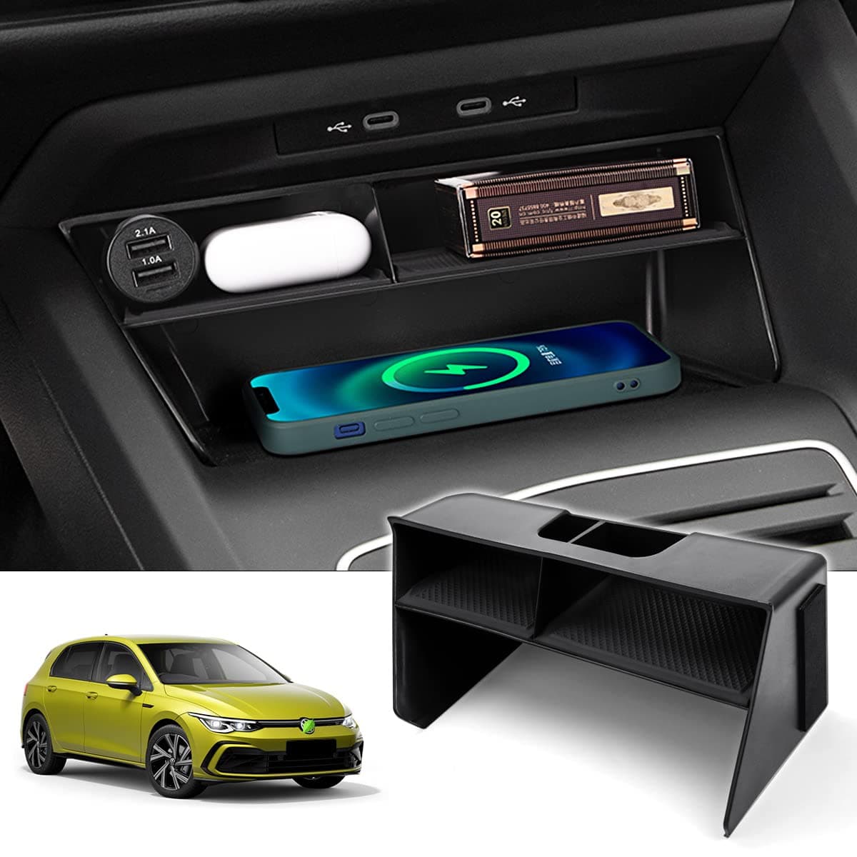 Center Console Organizer, Storage Box with Non-Slip Silicone Mat, Center Console Tray Insert Secondary for VW Volkswagen Golf GTI R MK8 2022-2025 2026 Accessories