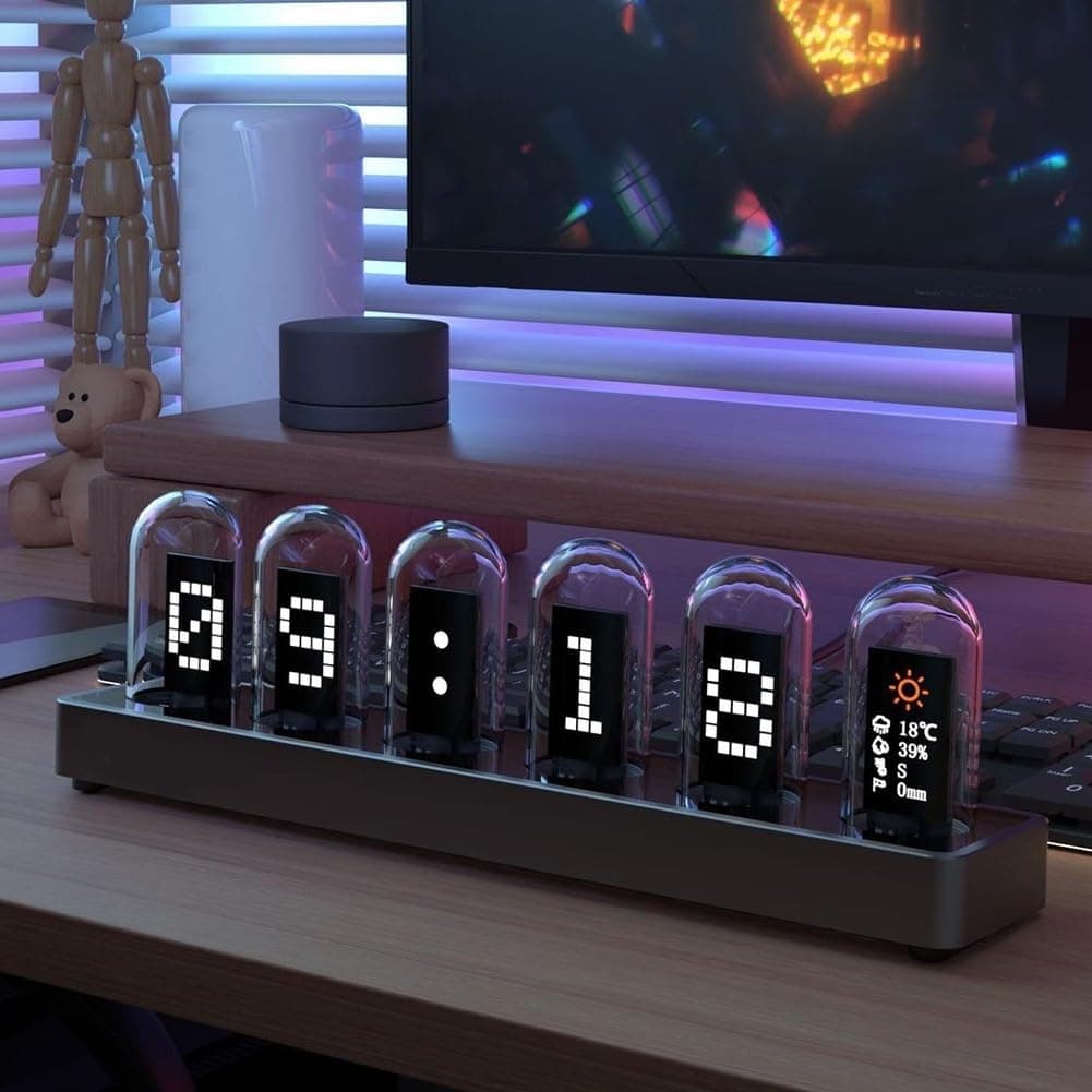 Nixie Tube Clock Simulation, Glow Tube Clock IPS Colour Screen Digital Clock DIY Desktop Desktop Digital Clock Decoration(C)