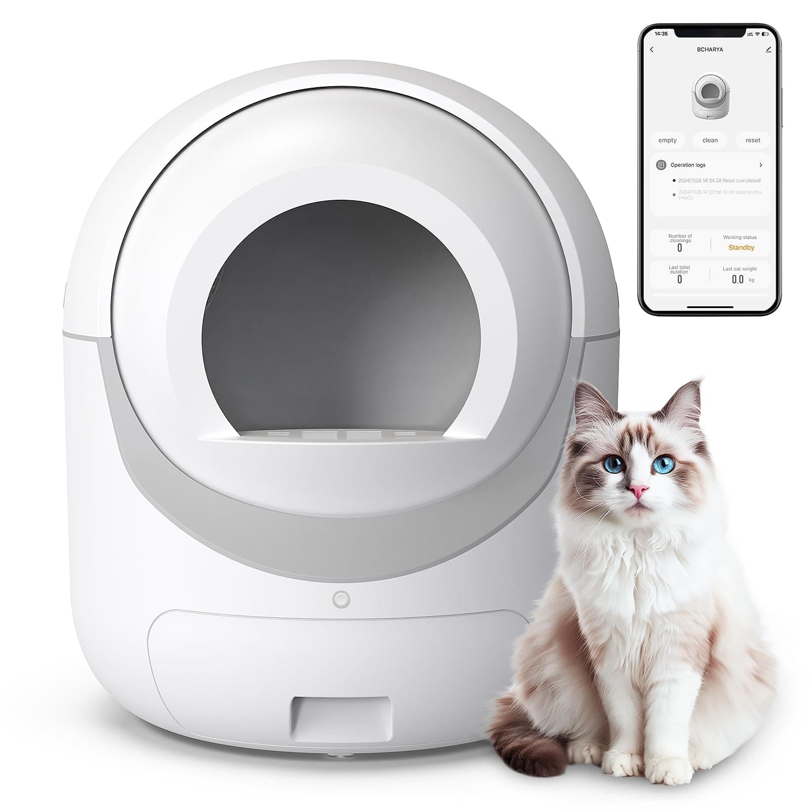 Self Cleaning Cat Litter Box, Automatic Cat Litter Box with APP Control Odor Removal Safety Protection for Multiple Cats, with Garbage Bags