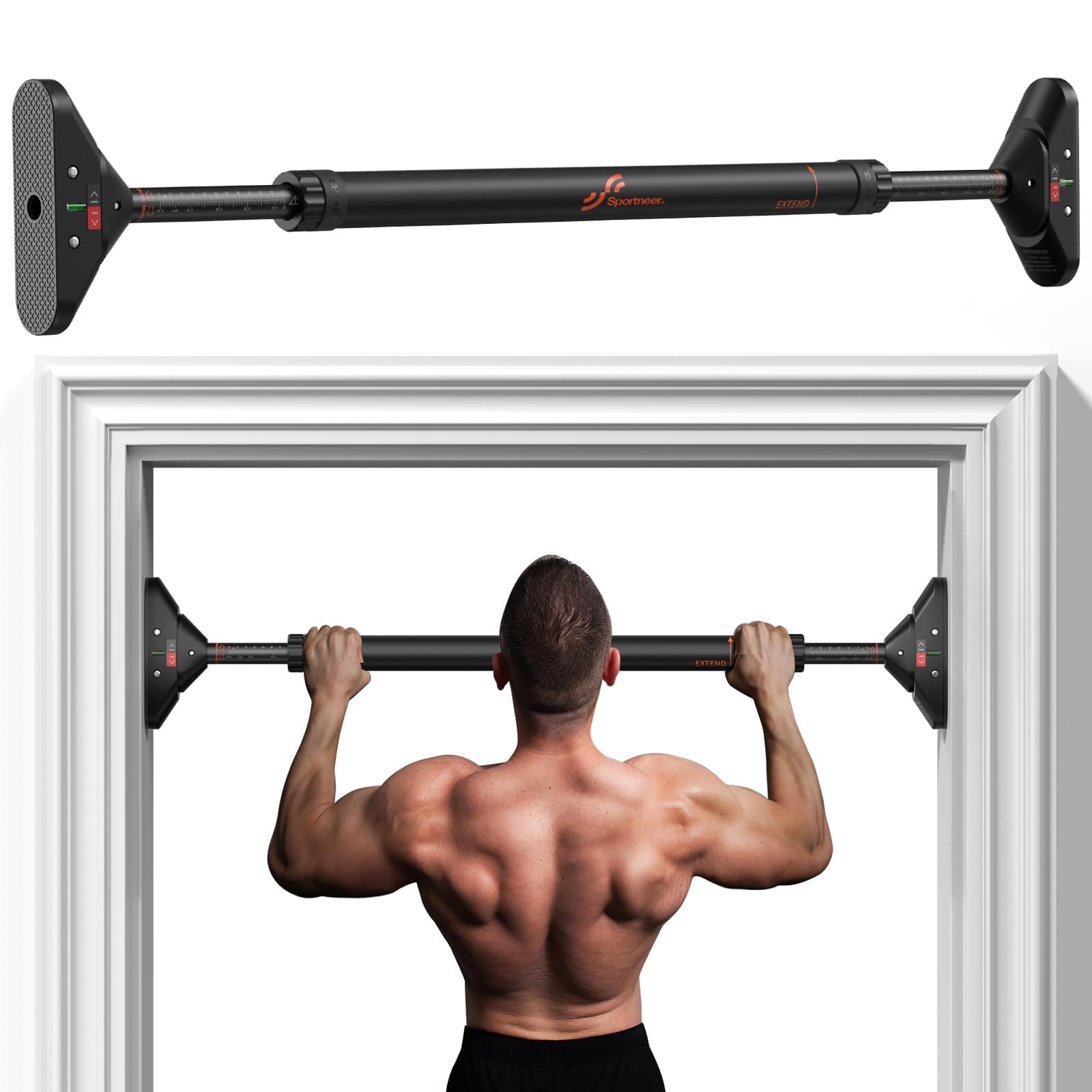 Sportneer Pull Up Bar: Strength Training Chin up Bar without Screws - Adjustable 75-94cm Width Locking Mechanism Pull-up Bar for Doorway - Max Load 200kg for Home Gym Upper Body Workout Non-slip