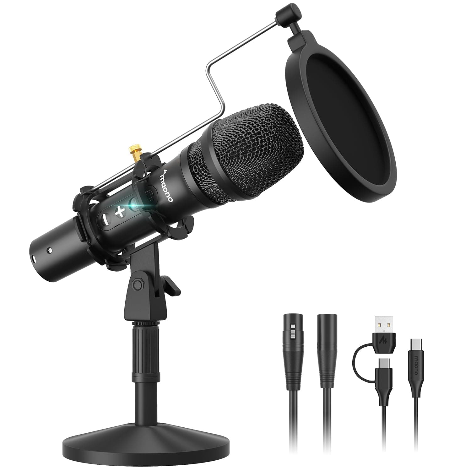 USB/XLR Podcast Dynamic Microphone, Studio Mic Kit with Volume Control, Shock Mount, Pop Filter, Ideal for Vocal, Instruments Recording, Voice Over, Live Streaming (HD300T)