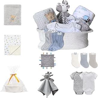 Gift Set for Girls Boys -Diaper Caddy Organizer Basket with 2 Blankets, 1 Taggie, 1 Lovey, 3 Socks，2 Baby Bodysuits，1 Gift Bag with Ribbon - Newborn Essential Baby Shower