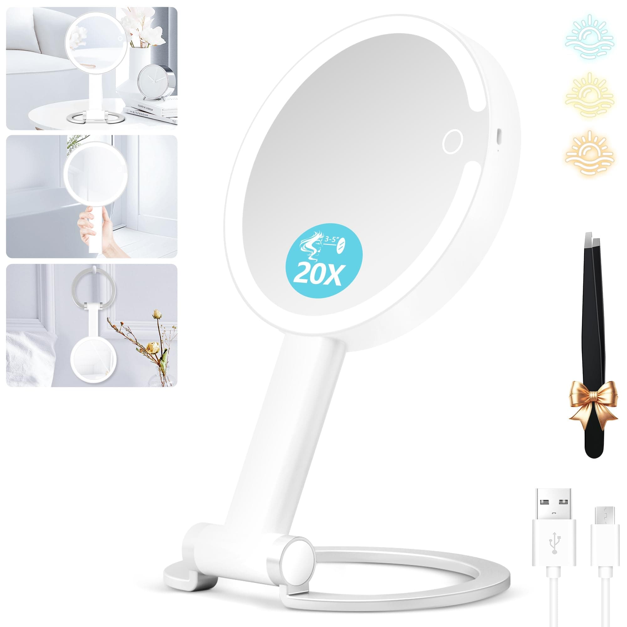 Makeup Mirror with Lights, 20X Magnifying Mirror with Light and Adjustable Brightness, Vanity Mirror with Lights and 3 Colors, 2 Sides Travel Mirror with Light, Tabletop Mirror for Home and Home