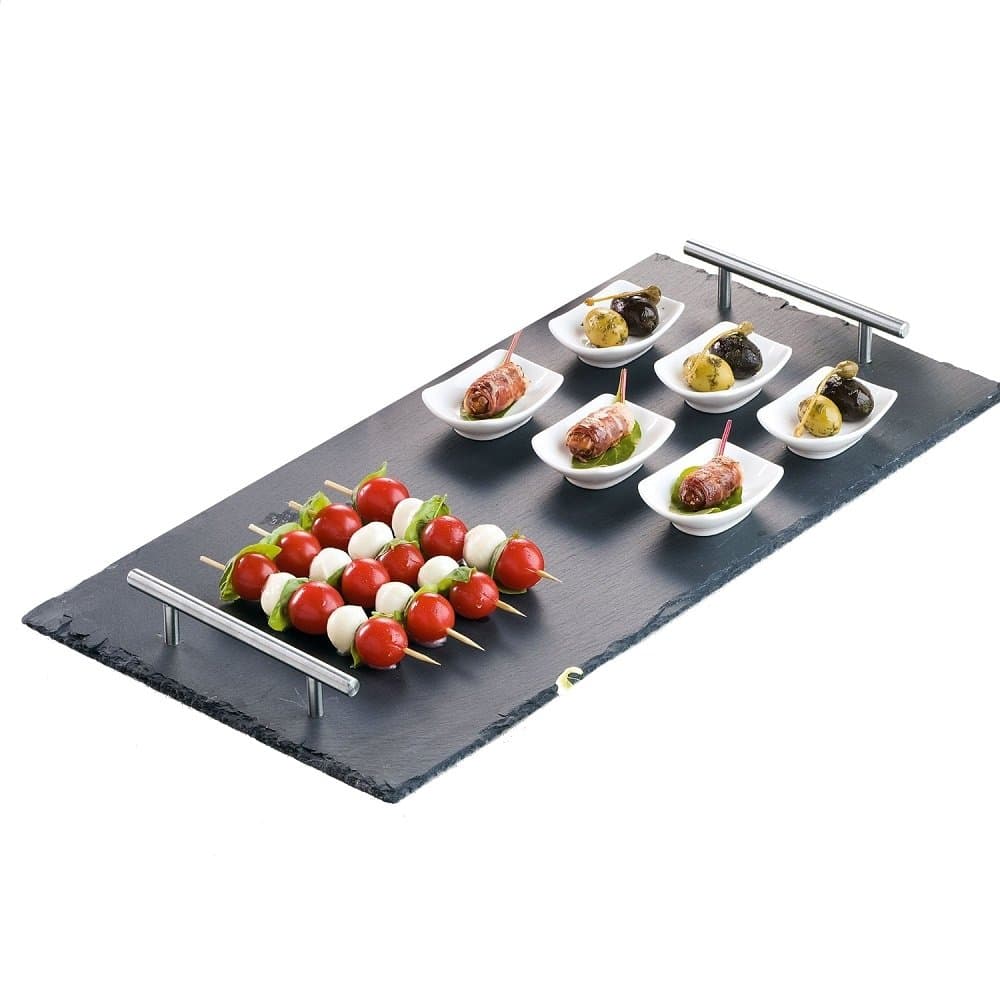 Natural Slate Rectangular Serving Tray with 2 Handles Chrome 30x45 cm