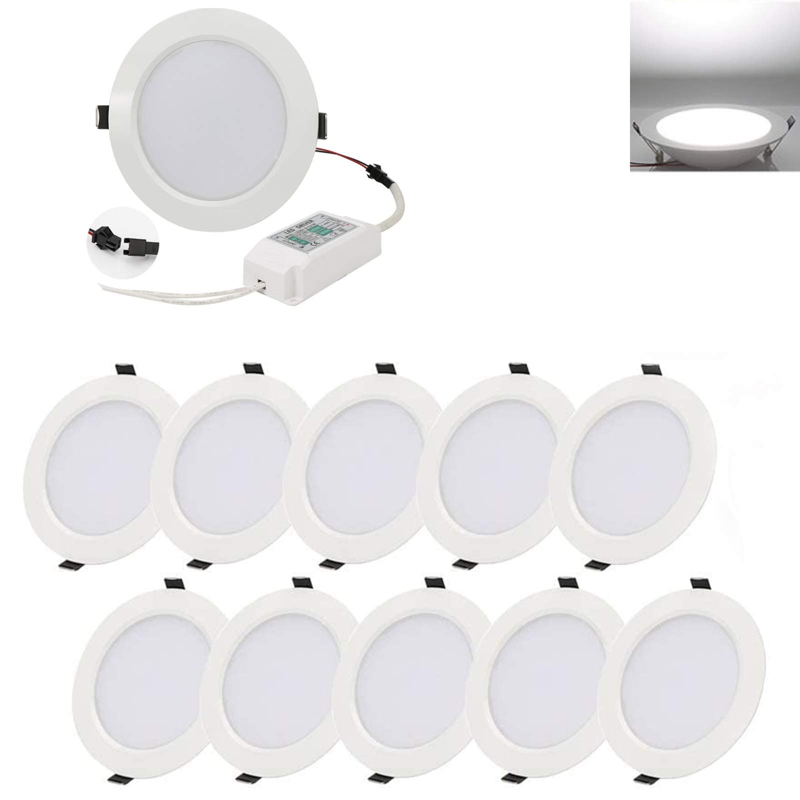 15W LED Panel Light Lamp, Dimmable Round Ultra-thin LED Recessed Ceiling Light, 1200lm, Daylight White 6000K, Cut Hole:4.72Inch, Downlight with LED Driver for Home Office Commercial Lighting [10PACK]