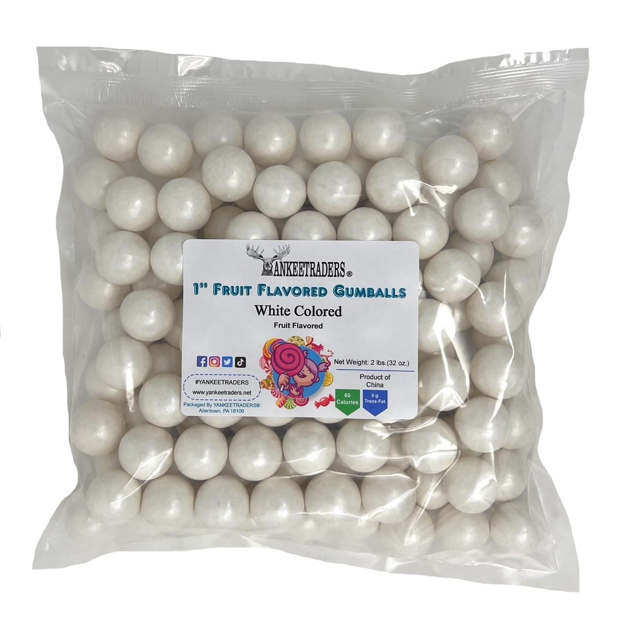 YANKEETRADERS White Fruit Flavored Gumballs 1", 2 Pounds Bulk