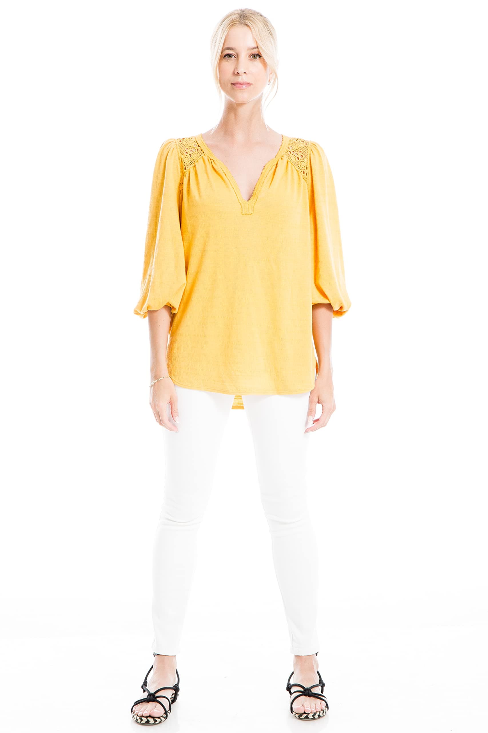 Max StudioWomen's Lace Trim 3/4 Lv Knit Top