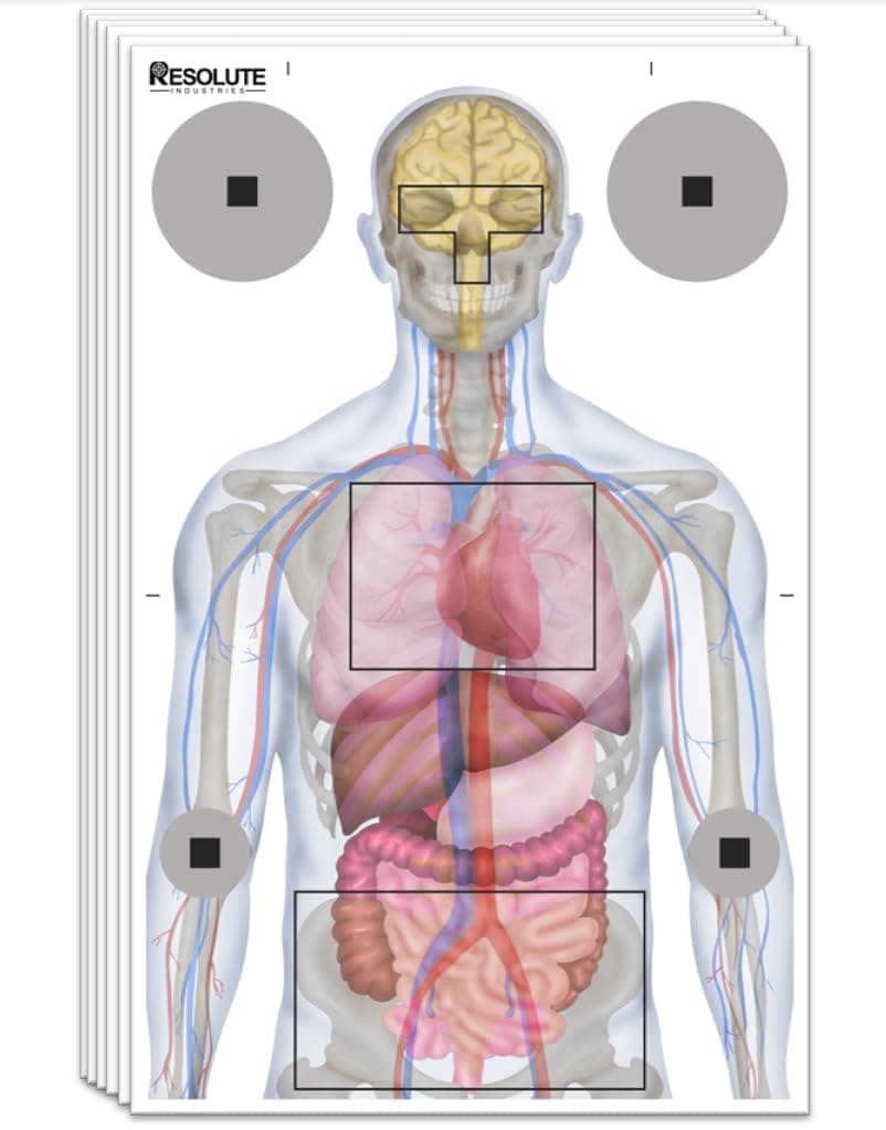 Resolute 23x35 Medically Designed Shooting Targets for The Range - 100% Anatomical Paper Silhouette - Gun Accessories for Pistols, Rifles, Airsoft, Air Pistols, BB & Pellet Shooting Practice (25)