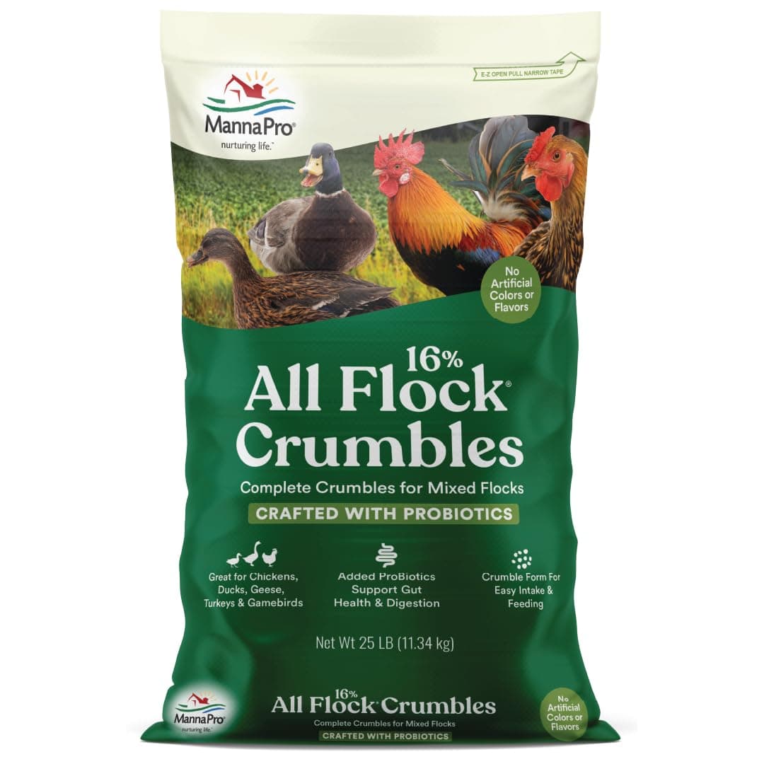 Manna Pro All Flock Crumbles | 16% Protein Level | Complete Feed for Chickens, Ducks, Geese, Turkeys and Gamebirds | Probiotics to Support Digestion | Crumbled Form for Easy Feeding | 25 Pounds