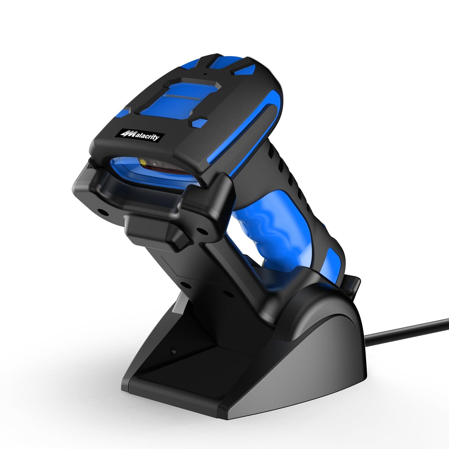 Upgraded 2D Industrial Barcode Scanner with Wireless Charging Stand, 1968 Feet Transmission Distance 433Mhz Wireless & Bluetooth 2in1 Barcode Reader, Shock Dust Proof Hands Free, Blue