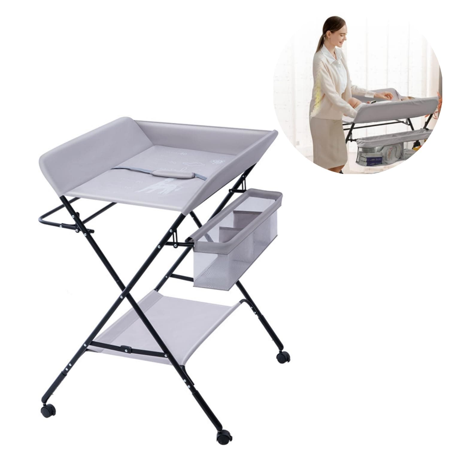 SKY-TOUCH Portable Baby Changing Table Dresser, Foldable Changing Table with Wheels, Bottom Rack, Side Basket and Clothes Rail, Newborns & Infant Care Massage (Grey)