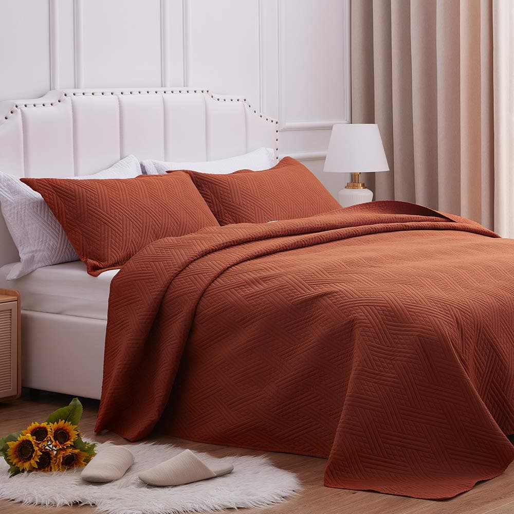 SunStyle HomeQuilt Set Twin Size, Rust Diamond Pattern Bedspread-68x86, Soft Lightweight Microfiber Coverlet, Luxurious Warm Bed Cover for All Seasons-2 Pieces(includes 1 Quilt, 1 Pillow Sham)