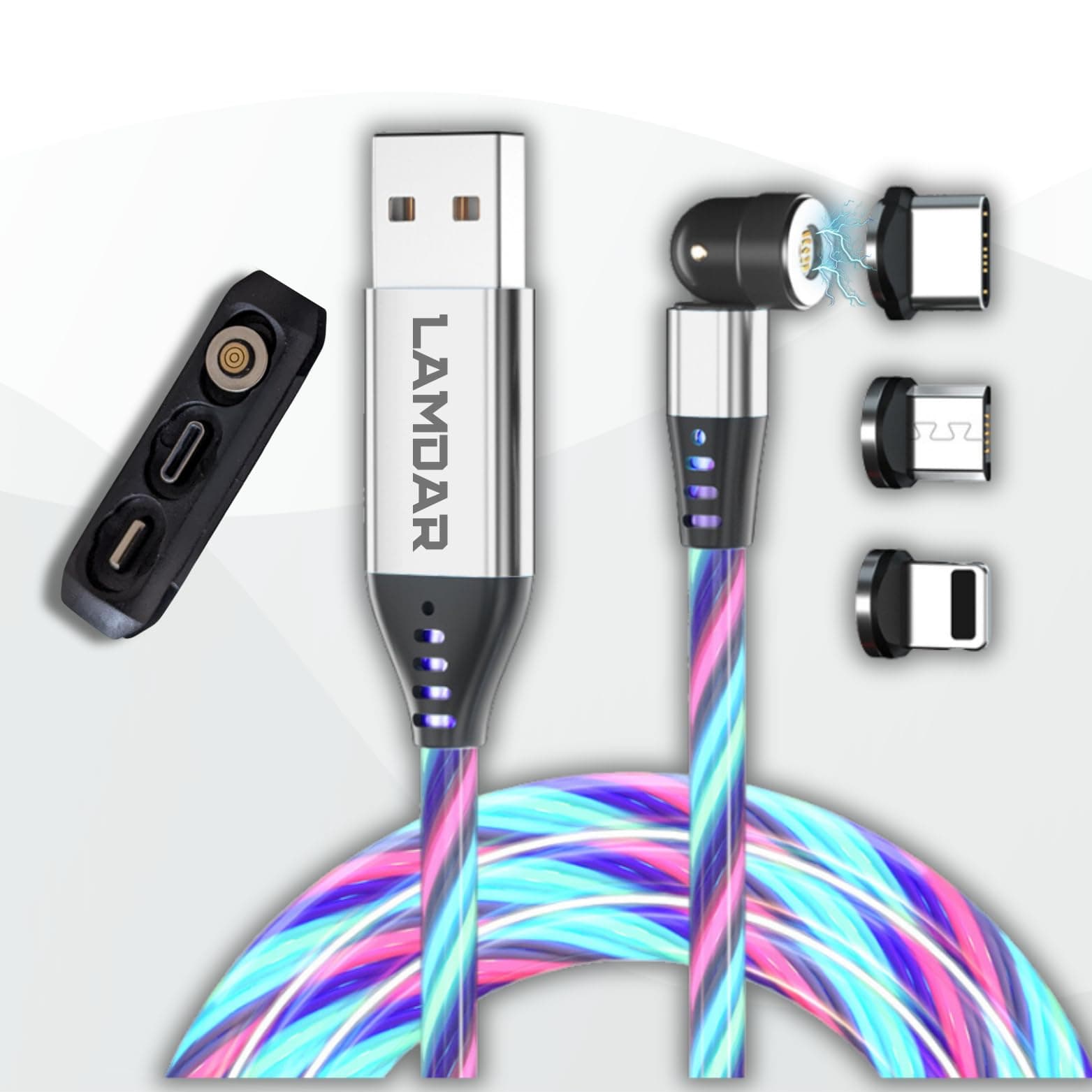 LAMDAR 3-in-1 USB Charging Cable with Lumination Led, 360°& 180° Magnetic Connector Phone Charger Cable Compatible with iP/Type-C/Micro, Quick charge 3.0 (2M, Silver)