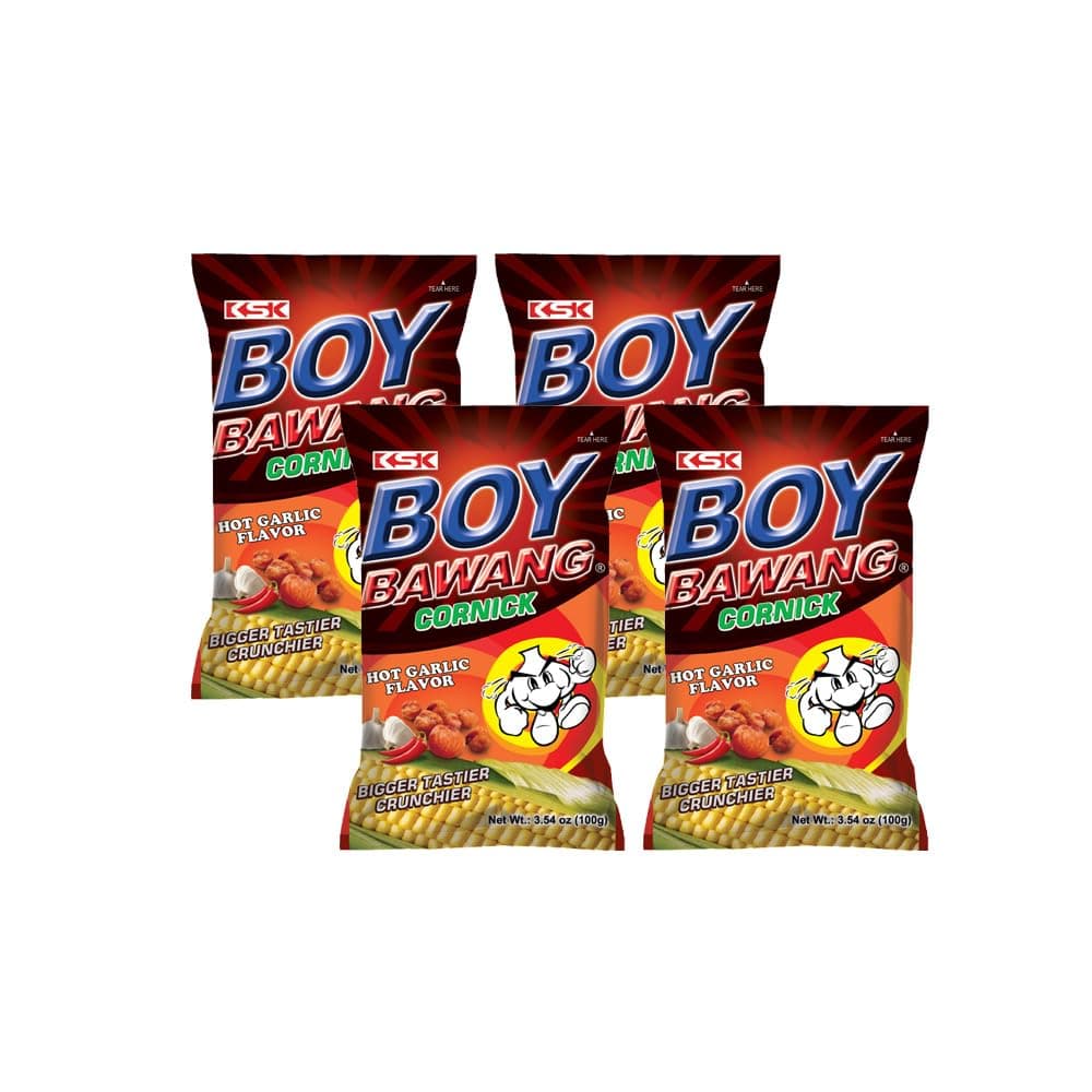 Hot Garlic Flavor Cornick (Corn Snacks) - Four 3.54 oz. bags. by Boy Bawang
