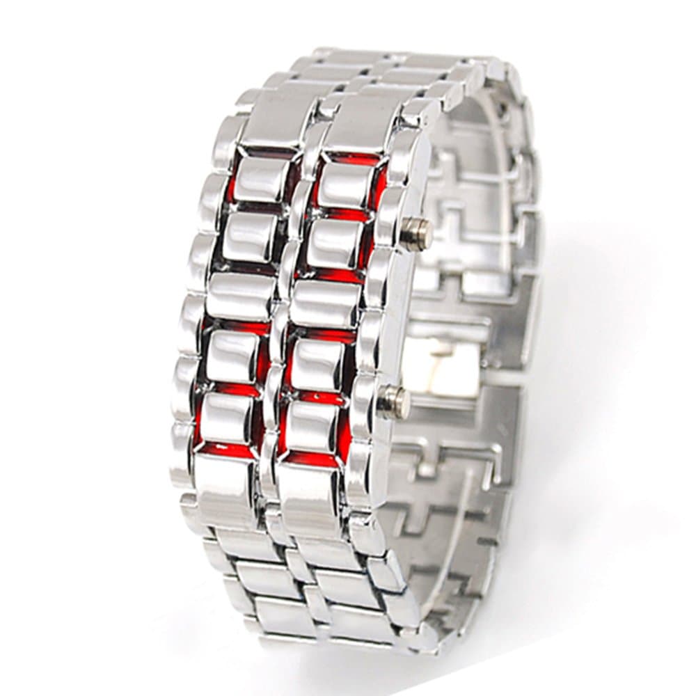 Red Light Silver Metal Strap Lava Style Faceless Digital LED Watch Sports Bracelet Wrist Watch