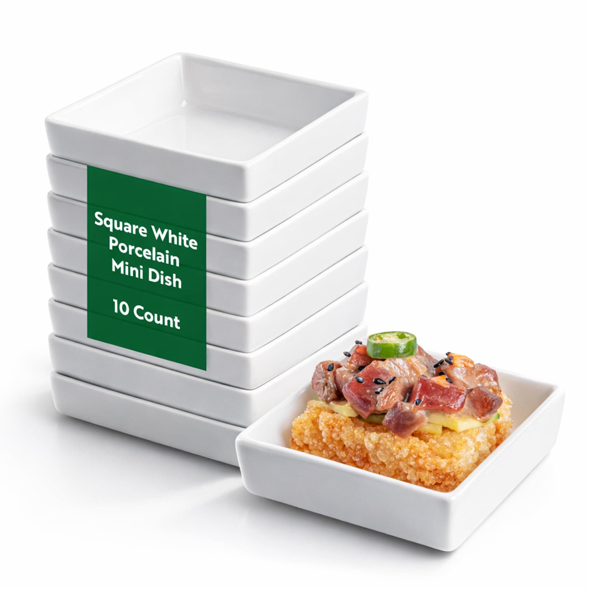 Restaurantware 2.5 Inch Mini Dishes 10 Oven-Safe Square Sauce Dishes - Microwave-Safe Serve Appetizers Desserts or Condiments White Porcelain Tasting Plates For Samples or Individual Portions