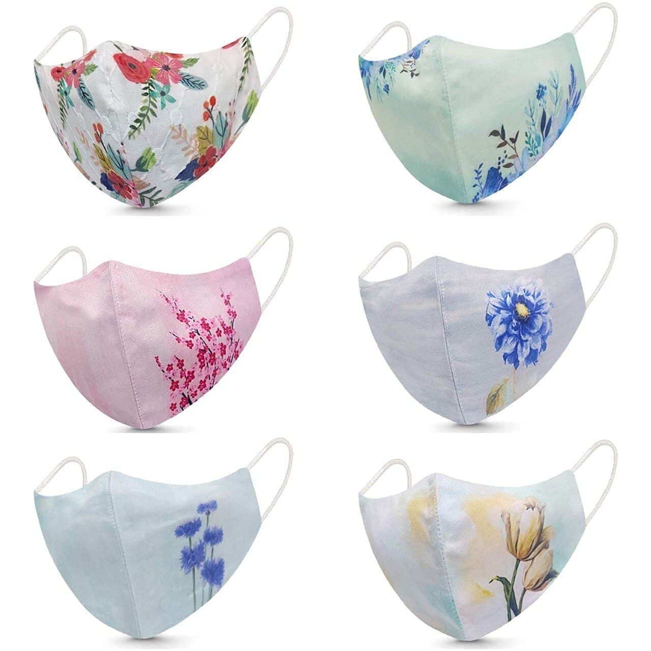 SIX SIGMA (Pack of 6) Women's Pure Cotton Printed Basic Reusable Washable Mask without Valve Soft 100% Cotton Basic Face Cover- (Pack of 6)