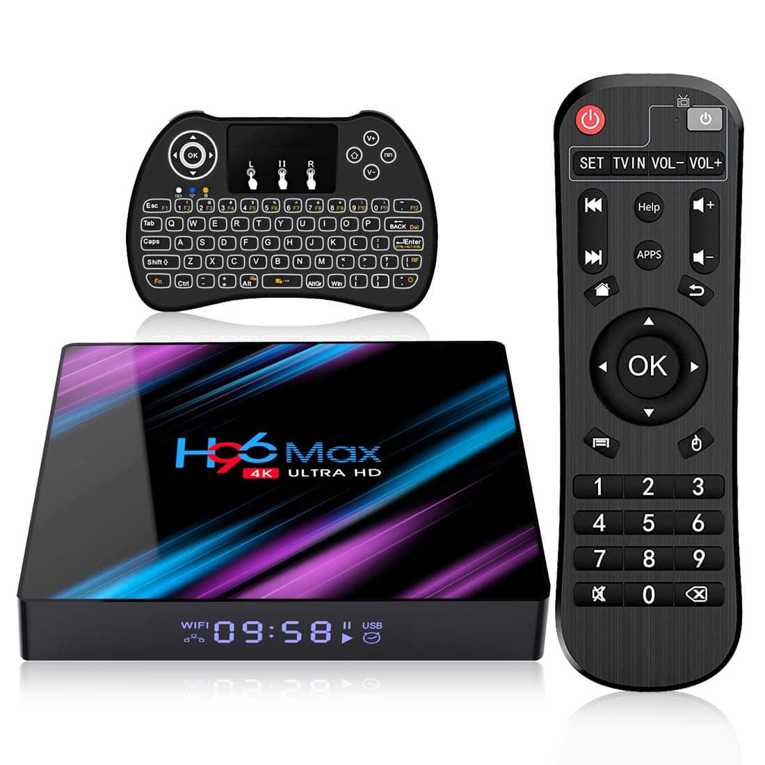 H96 Android TV Box 9.0, 4GB RAM 64GB ROM Smart Set Top Box Powered by RK3318 Quad-Core Processor Supports 3D Dual WiFi (2.4G/5G) H.265 USB 3.0 Bluetooth 4.0. Includes a Mini Wireless Keyboard